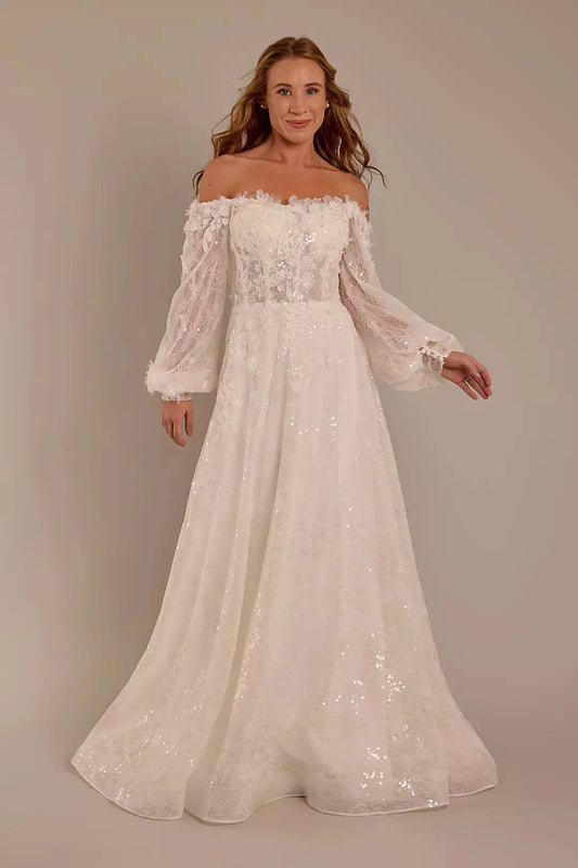 Enchanted Sparkle Ballgown Off-the-Shoulder Sheer Puff-Sleeve 3D Lace Sequin-Tulle Open-Back Train Wedding Dress by YiHuiw
