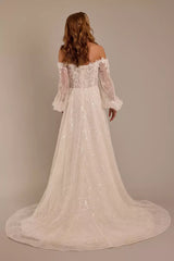 Enchanted Sparkle Ballgown Off-the-Shoulder Sheer Puff-Sleeve 3D Lace Sequin-Tulle Open-Back Train Wedding Dress