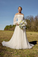 Enchanted Sparkle Ballgown Off-the-Shoulder Sheer Puff-Sleeve 3D Lace Sequin-Tulle Open-Back Train Wedding Dress