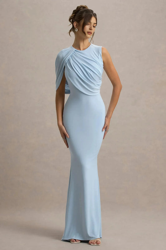 Enchanting Mermaid Crew Neck Asymmetric Draped Sleeve Open Back Floor Length Prom Dress by YiHuiw