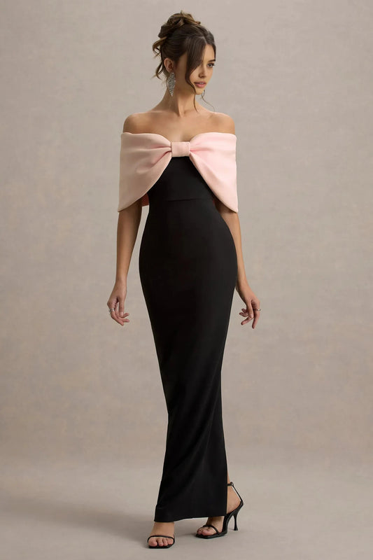 Enchanting Mermaid Off Shoulder Bow Accent Sleeveless High Slit Floor Length Prom Dress by YiHuiw