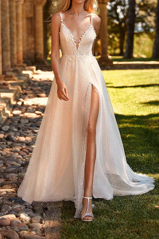 A-Line V-Neck Tulle Floor-Length Wedding Dress - Yihuiw by Yihuiw
