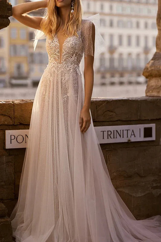 A-Line V-Neck Tulle Floor-Length Wedding Dress - Yihuiw by Yihuiw