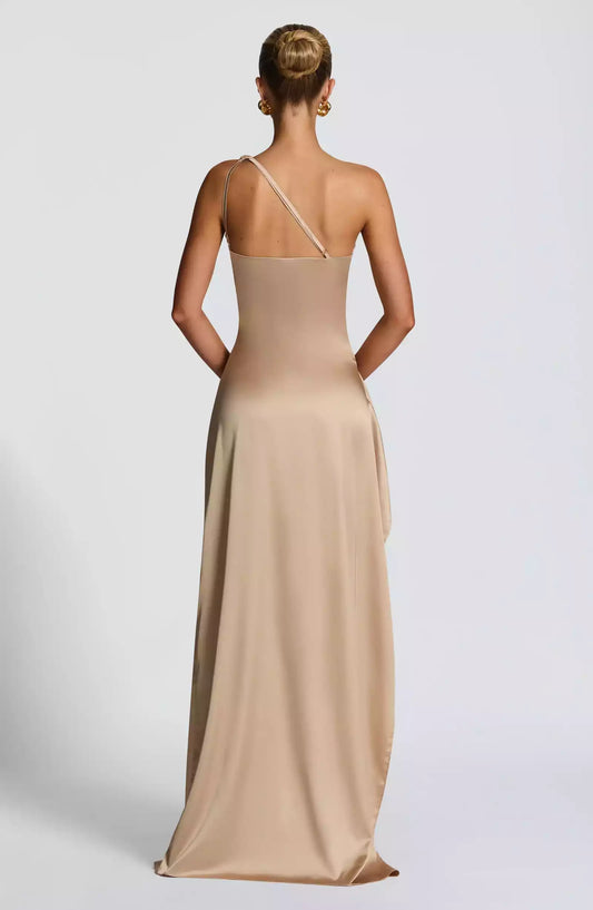 Enchanting luxury, lightweight, elastic satin with pleats, high slits, tight fitting, adjustable back strap, Prom Dresses