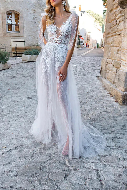 A-Line V-Neck Tulle Floor-Length Wedding Dress - Yihuiw by Yihuiw