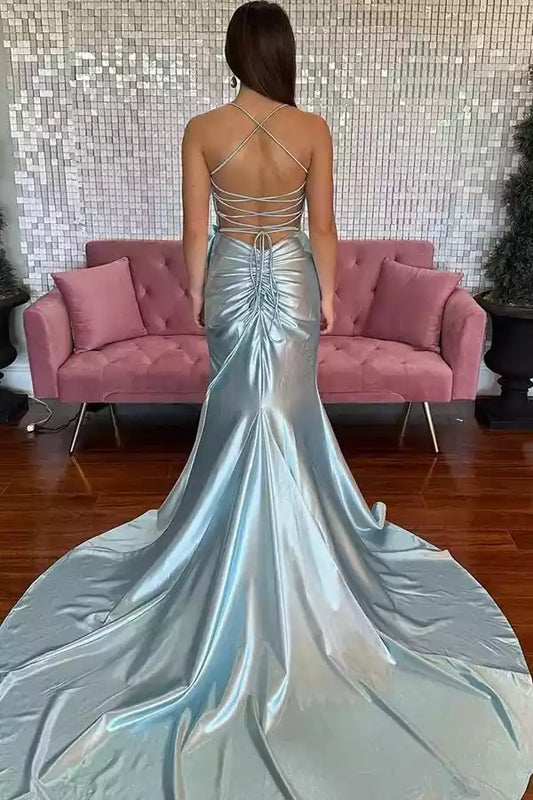 Ethereal Ice Blue Iridescent Satin Mermaid Dress with Bow Accent & Lace-Up Back