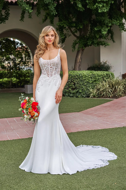 Ethereal Lace & Crepe Mermaid Sweetheart-Neck Sleeveless Low-Back Train Wedding Dress