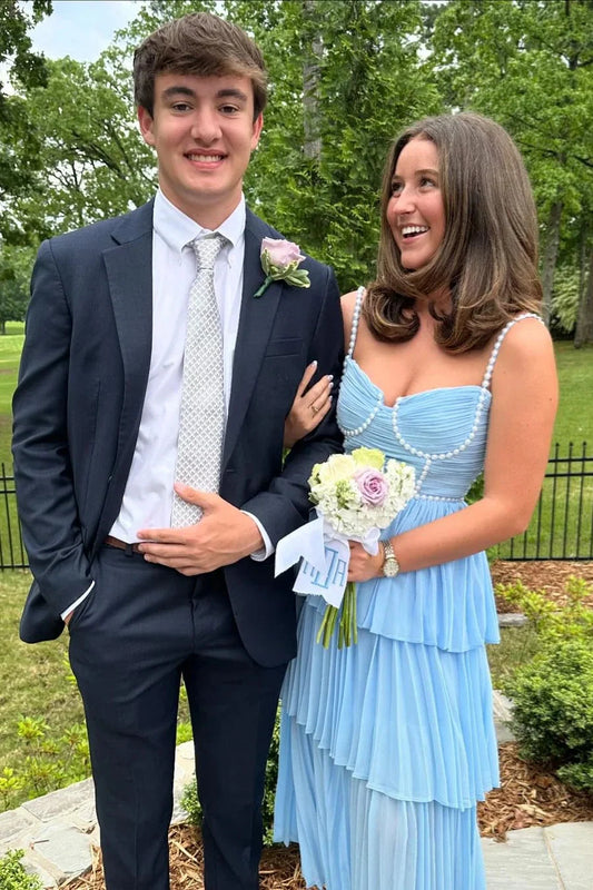Ethereal Light Blue Tiered Sweetheart Neck Pearl-Strap Sleeveless Open Back Midi Prom Dress by JiMiss Dresses