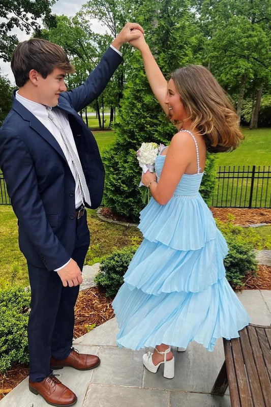 Ethereal Light Blue Tiered Sweetheart Neck Pearl-Strap Sleeveless Open Back Midi Prom Dress by JiMiss Dresses
