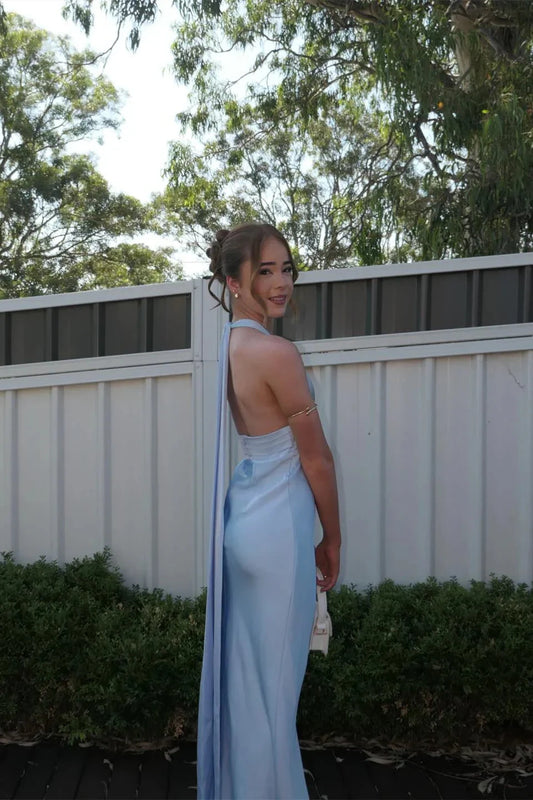 Ethereal Satin Prom Dresses with Halter Neckline, Open Back Cape Detail, Ruched Waist and Mermaid Silhouette Formal Gown by JiMiss Dresses