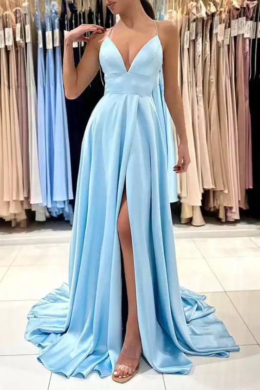 Ethereal Sky Blue Satin A-Line Dress with Plunge V-Neck & Lace-Up Back