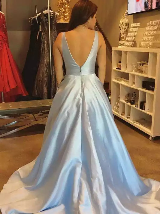Ethereal Sky Blue Satin Ball Dress with V-Neck & Open Back