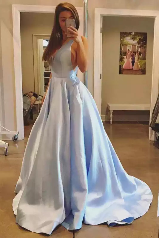 Ethereal Sky Blue Satin Ball Dress with V-Neck & Open Back
