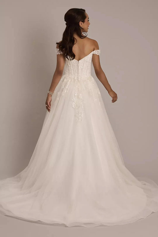 Ethereal Sparkle Ballgown Off-the-Shoulder Sequin-Lace Deep V-Neck Tulle Open-Back Sweeping Train Wedding Dress by YiHuiw
