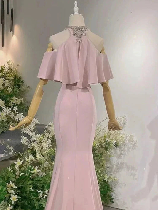 Exotic Pink Mermaid Prom Dresses for Party Events Crystal Neckline simple gentle atmospheric and unique desi Bring summer colors to enhance whiteness by YiHuiw
