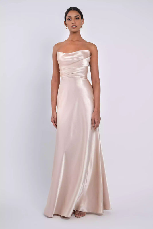 Exquisite hanging satin back crepe fabric strapless round neck hanging tight corset with slanted cut half body Bridesmaid Dresses