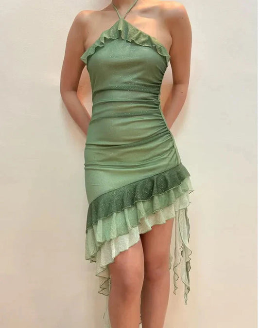 Eye - catching Sage Green Halter Neck Asymmetric Frilled Mini Dress for Special Occasions by YiHuiw