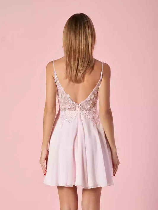Eye catching A-line chiffon mini slim shoulder straps and deep V-neckline with sleeveless lace decals and sequin zippered back Homecoming Dresses