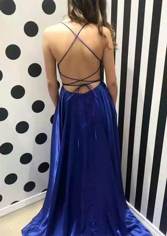 Eye catching A-lineprincess style square neck sleeveless trailing satin slit Prom Dresses