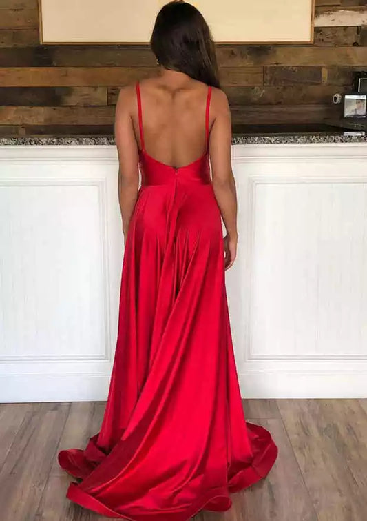 Eye catching A-line sleeveless trailing satin pleated slit Prom Dresses