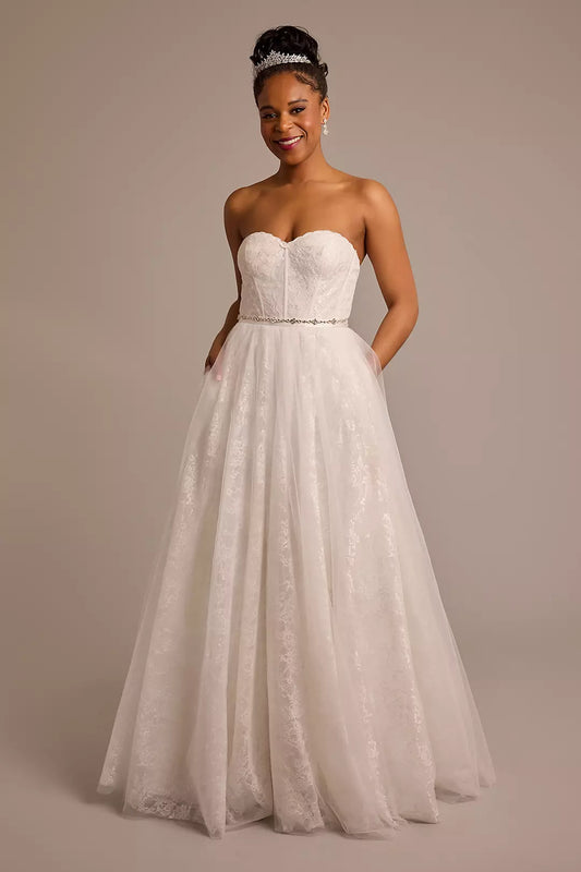 Fairytale Tulle A-Line Strapless Lace-Embellished Bow-Back Pocketed Wedding Dress