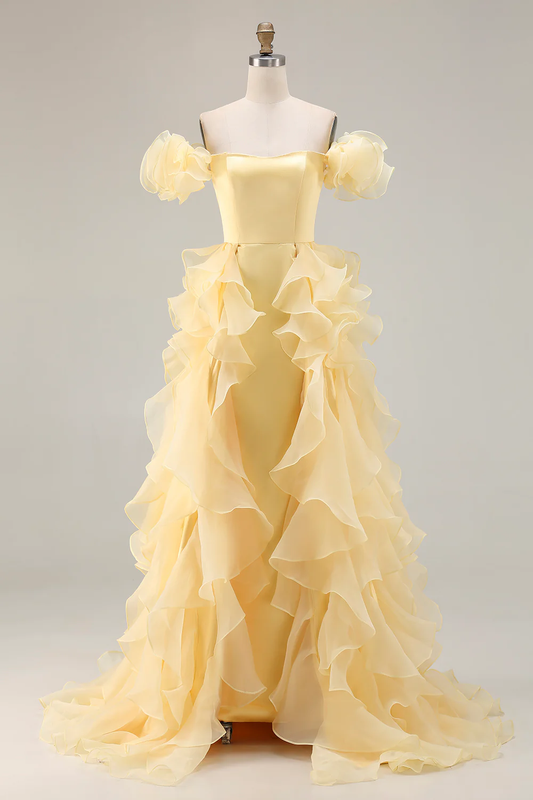 Robe de soirée en organza jaune conte de fées avec manches à volants et volants en cascade