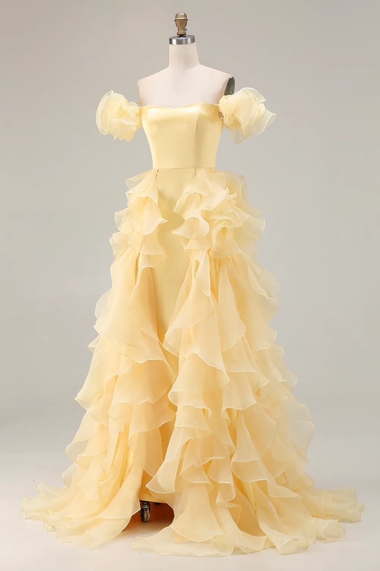 Robe de soirée en organza jaune conte de fées avec manches à volants et volants en cascade
