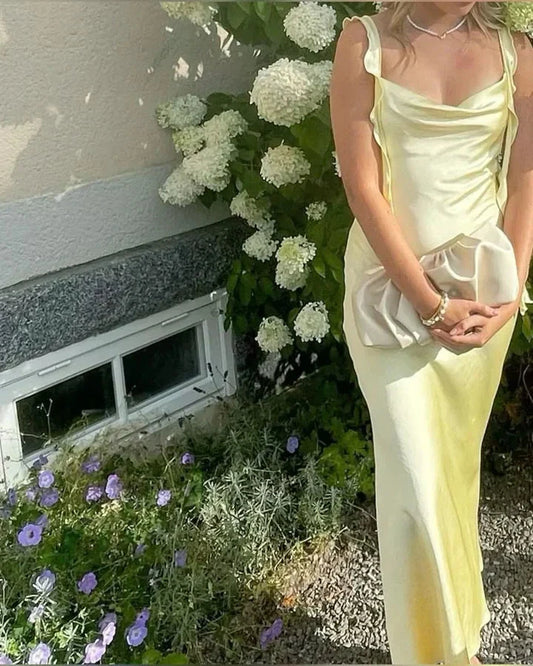 Fashion Elegant Long Slim Fit Ruffle Satin Ball Gown Evening Dress Garden Party Dress simple gentle atmospheric and unique desi Bring summer colors to enhance whiteness by YiHuiw