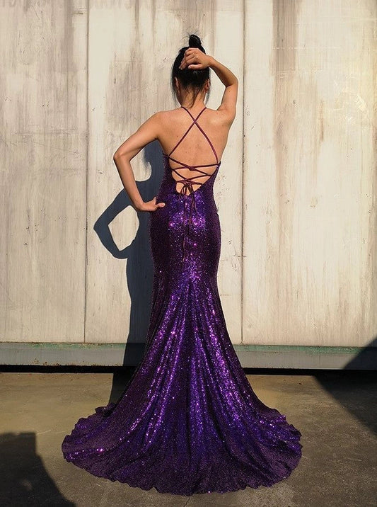 Fashion Sexy Shiny Backless Halter Long Floor Length Train Sequined Ball Gown Evening Gown Party Dress simple gentle atmospheric and unique desi Bring summer colors to enhance whiteness by YiHuiw