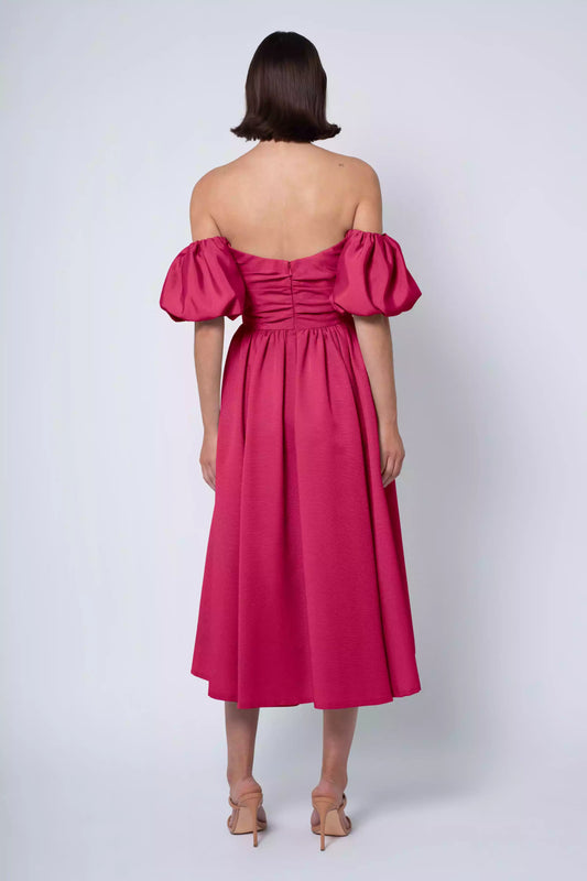 Fashionable straight cut off shoulder collar with bubble sleeves, medium length strapless collar, pleated tight corset, natural waist seam, Bridesmaid Dresses