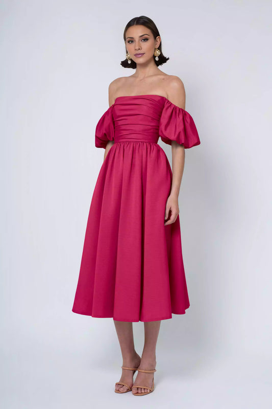Fashionable straight cut off shoulder collar with bubble sleeves, medium length strapless collar, pleated tight corset, natural waist seam, Bridesmaid Dresses