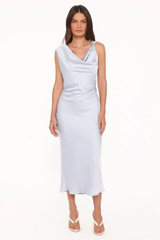 Cowl Neck Satin Sleeveless Midi Wedding Dress - Yihuiw by Yihuiw