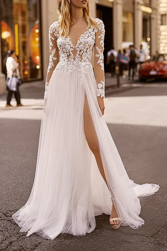 A-Line V-Neck Lace Floor-Length Wedding Dress - Yihuiw by Yihuiw