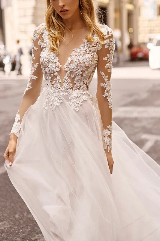 A-Line V-Neck Lace Floor-Length Wedding Dress - Yihuiw by Yihuiw