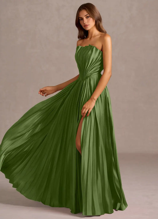 Green Strapless Satin High Slit Floor-Length Wedding Dress - Yihuiw by Yihuiw