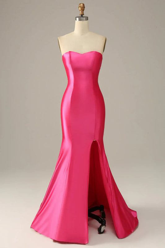 Hot Pink Satin Mermaid Prom Dress with Strapless Neckline and High Slit – Elegant Formal Evening Gown