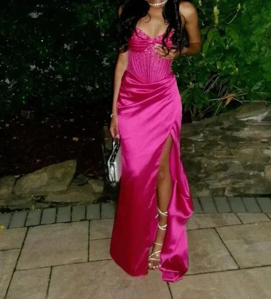 Fuchsia Sweetheart Prom Dress Mermaid Long Split Formal Gown simple gentle atmospheric and unique desi Bring summer colors to enhance whiteness by YiHuiw
