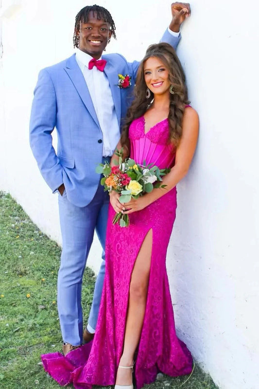 Fuchsia Pink Sparkle Lace Prom Dress with V-Neck & Mermaid Train by JiMiss Dresses