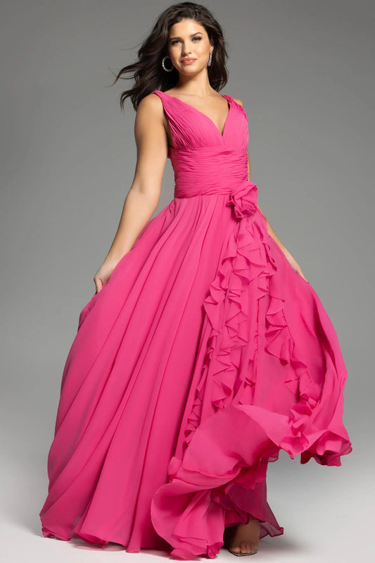 Fuchsia V-Neck Chiffon Evening Dress with Ruffled Side Detail, Sleeveless A-Line Skirt and Floor-Length Hem