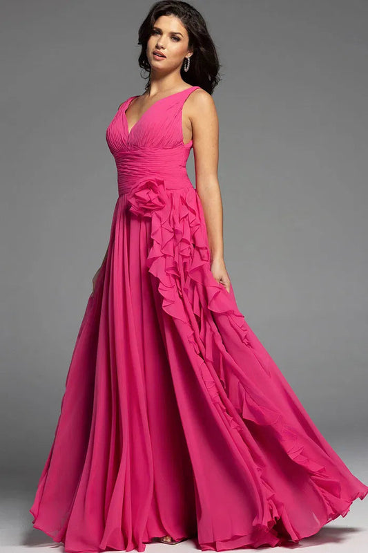 Fuchsia V-Neck Chiffon Evening Dress with Ruffled Side Detail, Sleeveless A-Line Skirt and Floor-Length Hem