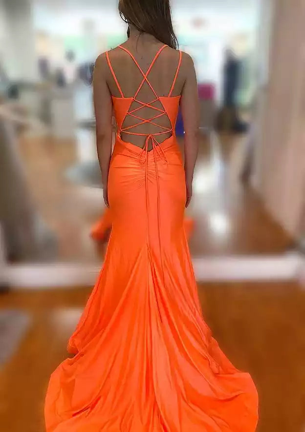 Full of charm horn/mermaid V-neck sleeveless trailing knit slit pleated Prom Dresses
