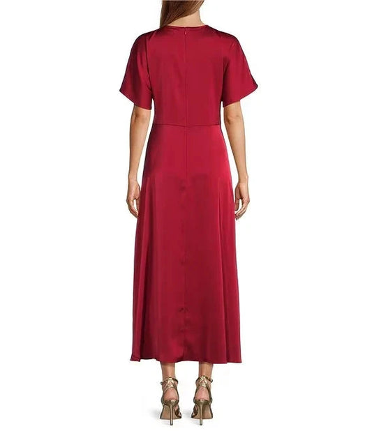 Gabriella Crew Neck Short Sleeve Satin Maxi Dress simple gentle atmospheric and unique desi Bring summer colors to enhance white by YiHuiw