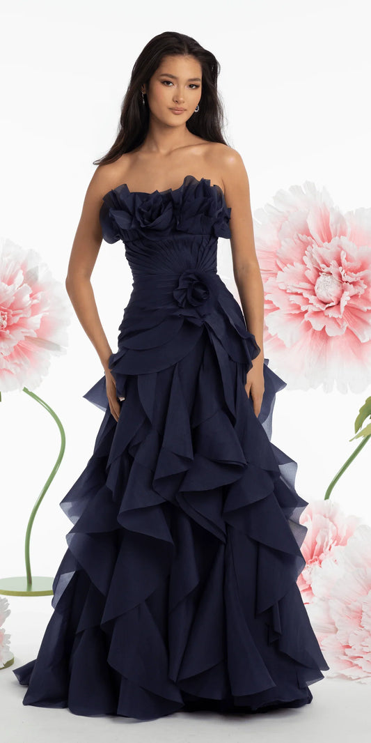 Glam Chiffon Mermaid Strapless 3D Floral Cascading Ruffle Floor Length Evening Dress