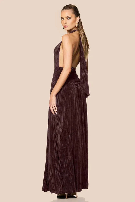 Glamorous A-Line Halter Deep V Sleeveless Open Back Floor Length For Adults Prom Dress by YiHuiw