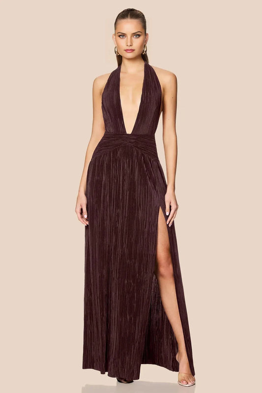 Glamorous A-Line Halter Deep V Sleeveless Open Back Floor Length For Adults Prom Dress by YiHuiw
