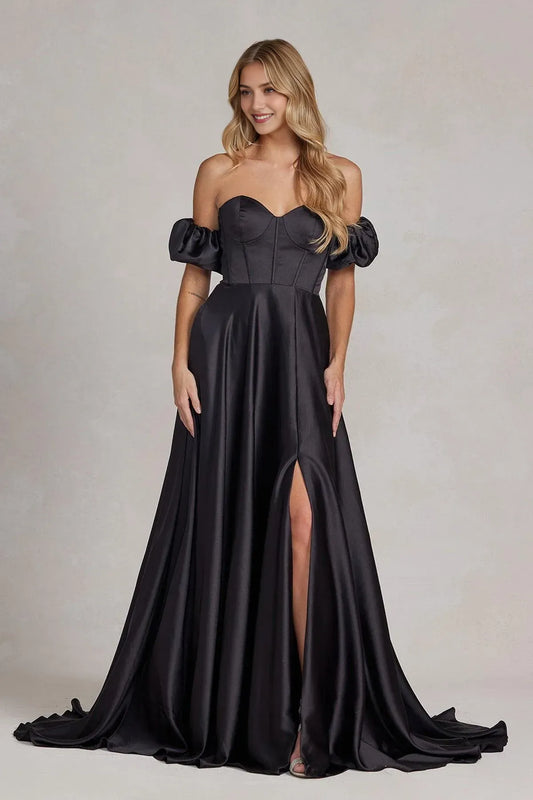 Glamorous A-Line Sweetheart Off-Shoulder Open Back Train Floor Length Prom Dress