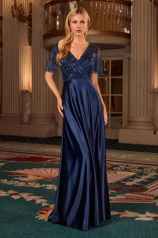 Glamorous A-Line V-Neck Beaded Short Sleeve V Back Floor Length Prom Dress by YiHuiw