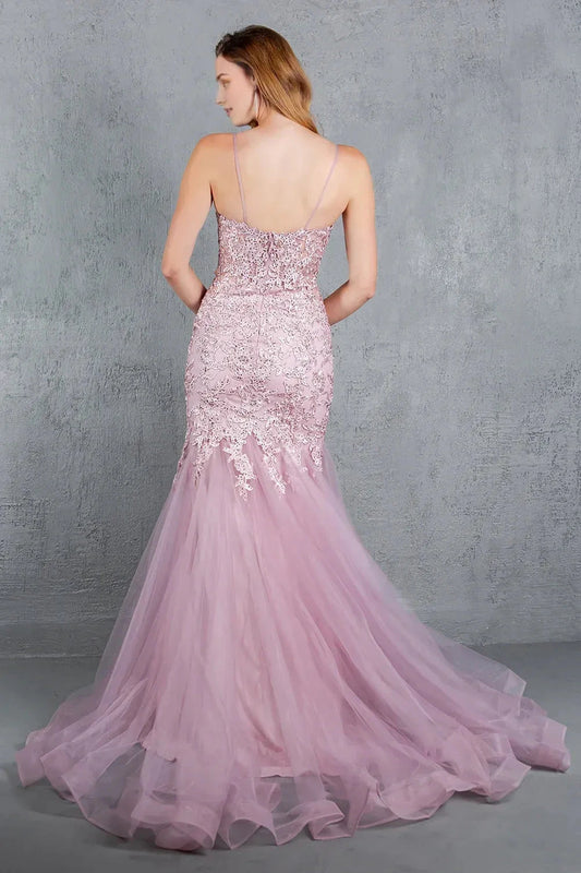 Glamorous Mermaid Plunging V-Neck Spaghetti Strap Lace Back Floor-Length Prom Dress by YiHuiw