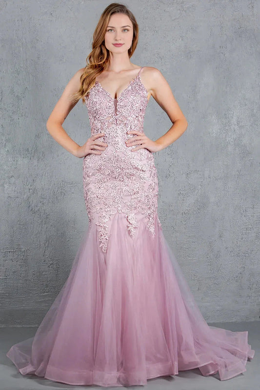 Glamorous Mermaid Plunging V-Neck Spaghetti Strap Lace Back Floor-Length Prom Dress by YiHuiw