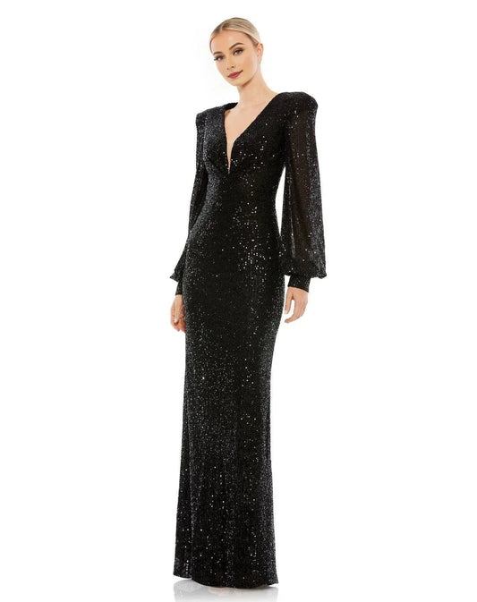 Glamorous Mermaid V-Neck Bishop Sleeve Zipper Back Floor Length Prom Dress by YiHuiw